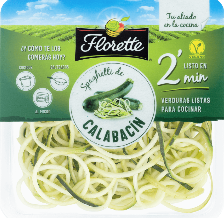 Espaguetis de calabacín con chicharros en conserva y crema de alcachofas.